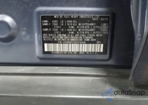 2013 Subaru Outback 2.5I Premium из США, поврежденный, VIN 4S4BRBCC5D3316008